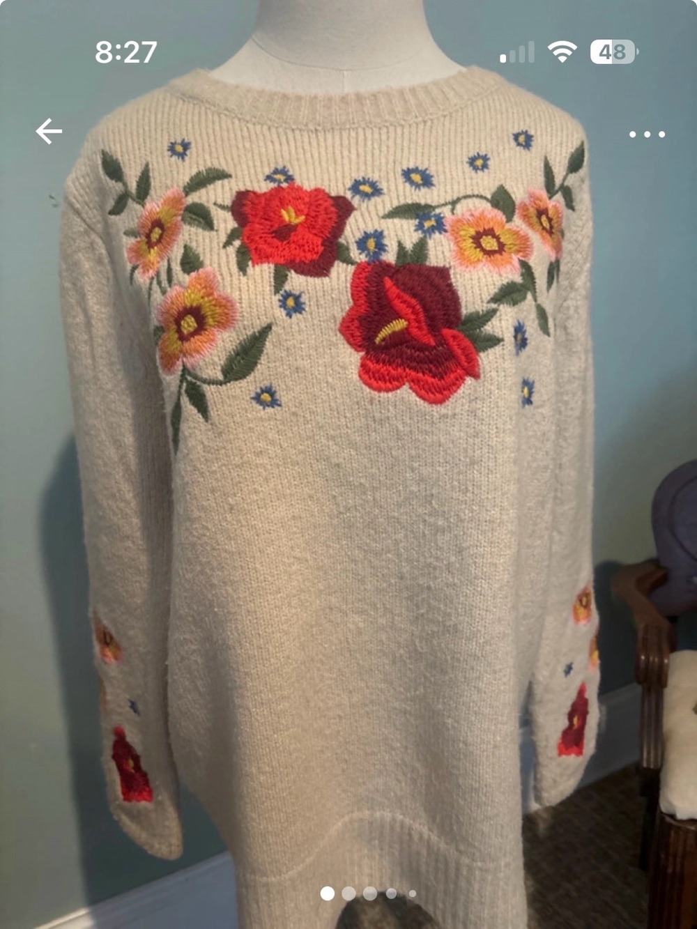 Cottage Core Cream Floral Embroidered Sweater - Women